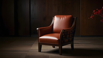 oriental leather armchair with warm-hued wood handles