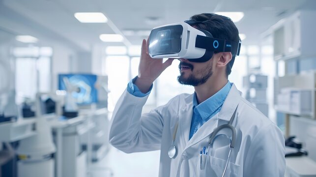 Doctor in white lab coat using virtual reality headset