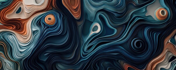 3D render abstract topographic pattern with swirling dark blue, orange, and grey layers creating a captivating and dynamic visual texture