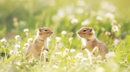 Two curious gophers standing on their hind legs in a lush green meadow filled with white flowers under the warm sunlight