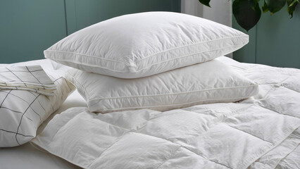 Closeup of duvets, pillows and bed sheets.