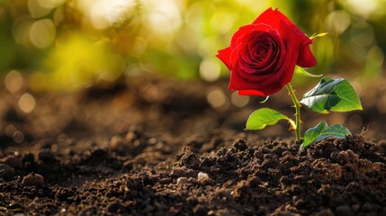 Single Red Rose in Bloom