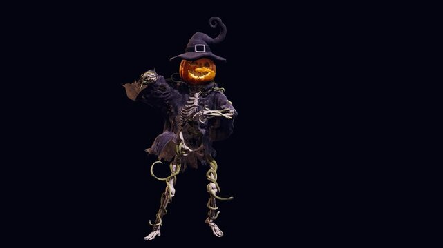 Funny Pumpkin Jack O Lantern with skeleton body in old torn robe dancing on black screen. Halloween 3D animation for greeting cards, invitations, posters, events, parties

