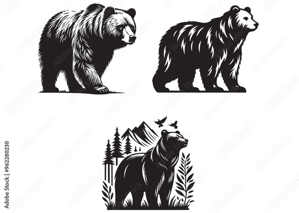 Wall mural bear vector illustration, grizzly bear silhouettes, bear silhouette logo vector animals, bear black 