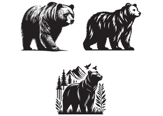 bear vector illustration, grizzly bear silhouettes, bear silhouette logo vector animals, bear black silhouette animals vector set, bear wild animal silhouettes on the white background
