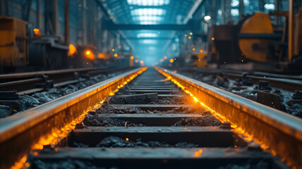Obraz premium Close-up of glowing train tracks in an industrial factory.