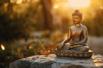 Fototapeta premium Golden Buddha Statue Meditates at Sunrise, Tranquility and Peace Radiate from Its Form