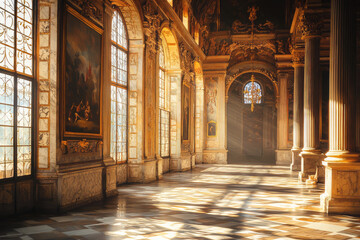 Fototapeta premium Sunbeams Illuminate a Grand Hallway, casting long shadows on the marble floor and highlighting the grandeur of a Renaissance palace.
