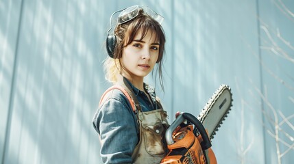 Confident young female worker in protective gear and headphones, holding a chainsaw ready for outdoor forest work.