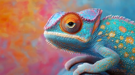 Obraz premium Closeup of chameleon with its skin blending into a vibrant background