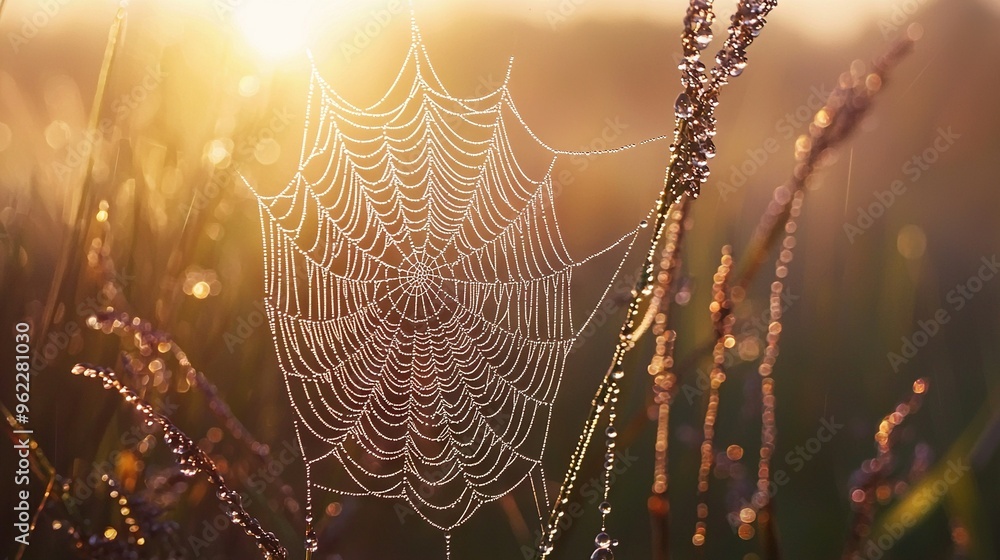 Poster a high-resolution photo of a spider web on grass, illuminated by the sun through the web's intricate