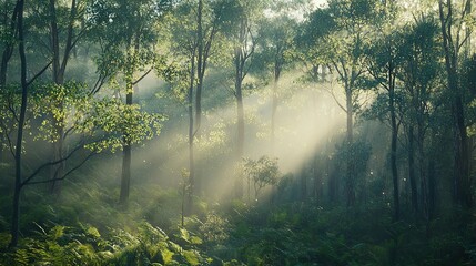 Fototapeta premium A sun-drenched forest brims with lush trees casting dappled light onto the ground below
