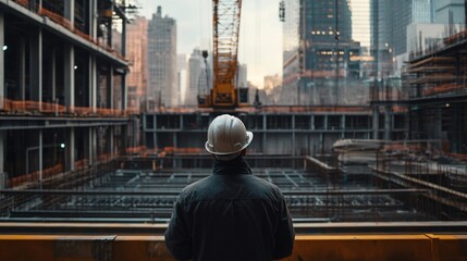construction worker in a hard hat operating a crane at a busy building site, copy space