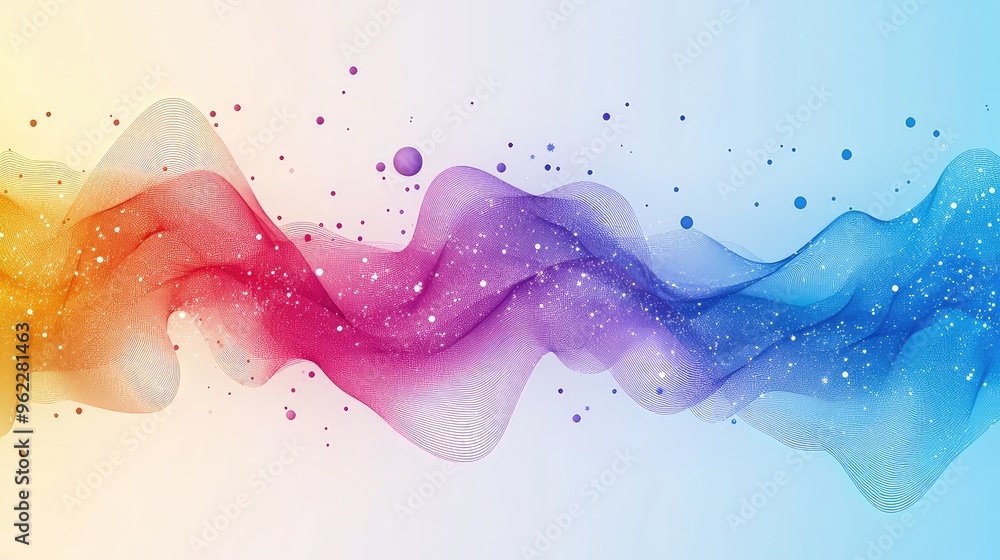 Poster colorful abstract line graph with gradient from blue to red and spherical nodes at peaks and troughs