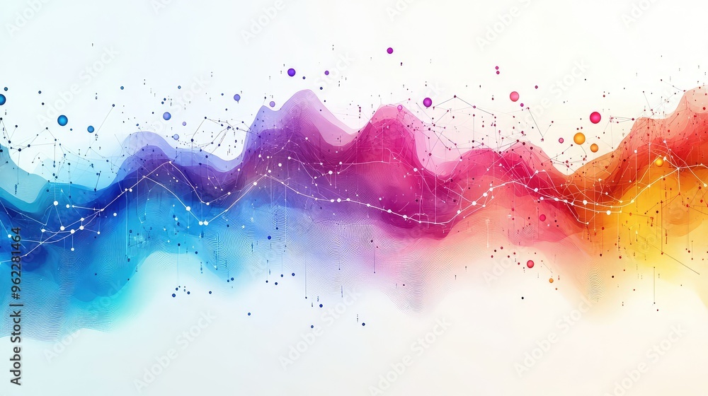 Poster colorful abstract line graph with gradient from blue to red and spherical nodes at peaks and troughs