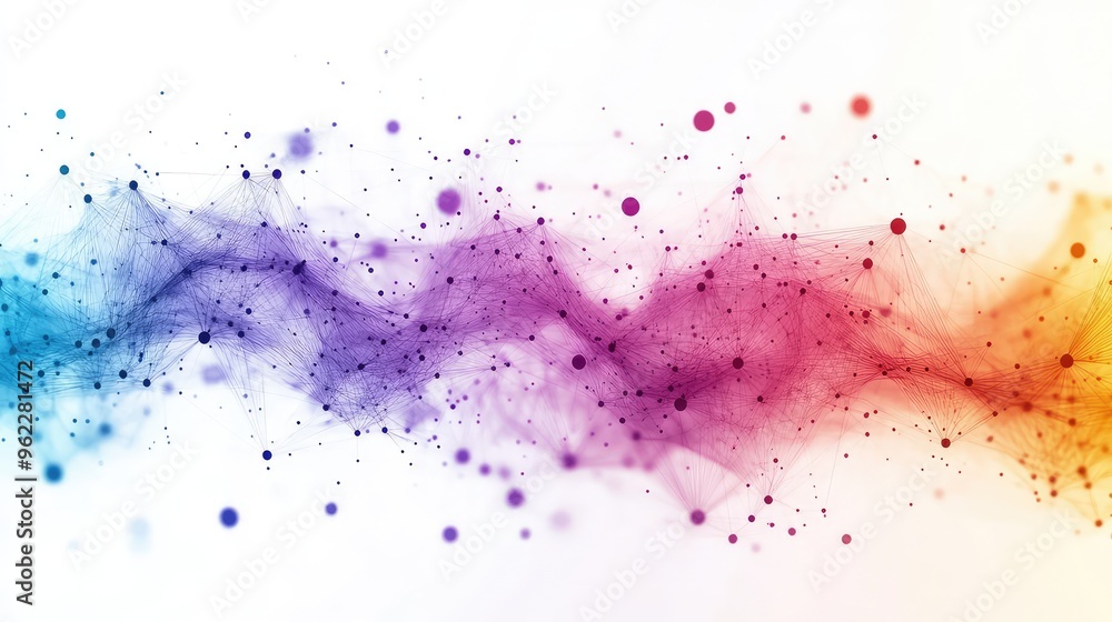 Poster colorful abstract line graph with gradient from blue to red and spherical nodes at peaks and troughs