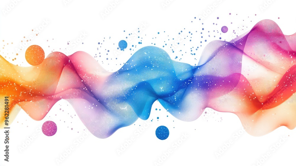 Poster colorful abstract line graph with gradient from blue to red and spherical nodes at peaks and troughs