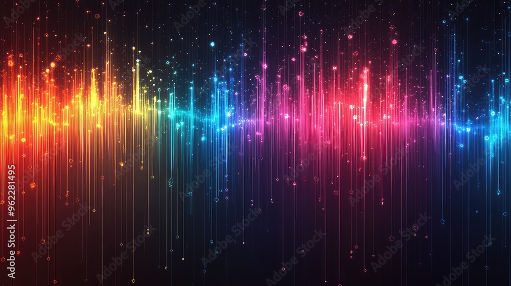 Poster colorful abstract line graph with gradient from blue to red and spherical nodes at peaks and troughs