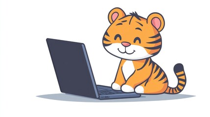 Friendly Cartoon Tiger Sitting Beside a Laptop - Orange Tiger with Black Stripes and a Cheerful Expression