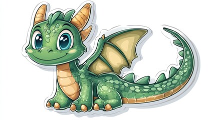 Adorable Green Dragon Cartoon Sticker Illustration - Perfect for Kids’ Projects, Scrapbooking, and Fun Designs with Isolated Background