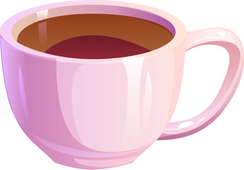 Flower, herbal, fruit and berry tea cup. Isolated cartoon white ceramic or porcelain teacup filled with brown liquid. Kitchen utensil, smooth, rounded mug with a large handle for comfortable holding