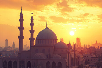A Majestic Mosque Bathed in Golden Sunset Hues