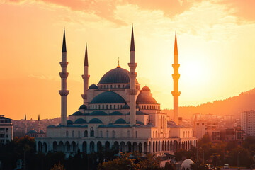 Obraz premium A Majestic Mosque Bathed in the Golden Glow of Sunset