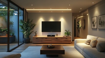 Cozy Living Room Interior with Modern TV Set and Comfortable Sofa