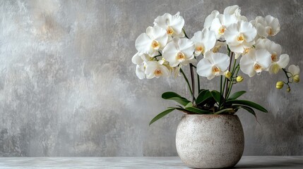  Elegant Orchids in a Ceramic Pot Against a Pristine White Wall Background