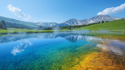 Fototapeta premium Colorful hot springs steam rising against a backdrop of snowy mountains