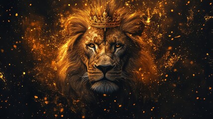 Naklejka premium Majestic Stylized Lion with Crown on Dark Background Featuring Abstract Golden Splatter Patterns
