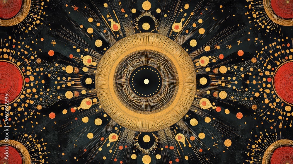 Poster symmetrical pattern with repeated circular shapes, teardrop figures, and starburst motifs