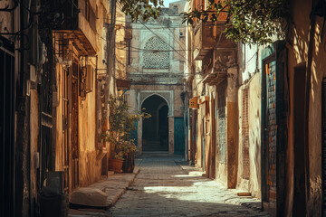 Fototapeta premium A Glimpse into a Tranquil Muslim Neighborhood: Cobblestone Alleyway Bathed in Warm Sunlight, Leading to a Majestic Archway.