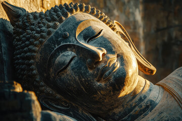 Tranquility in Stone: A Reclining Buddha Bathed in Golden Light