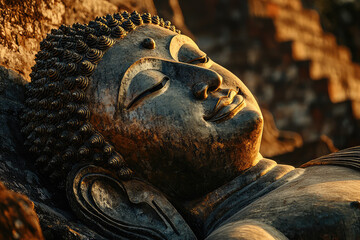 Obraz premium Tranquil Serenity: A Reclining Buddha Statue Bathed in Golden Light