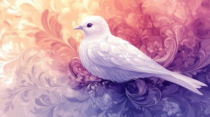 Obraz premium Stylized White Bird with Detailed Plumage Pattern - Set Against Ornate Swirling Designs in Shades of Purple, Pink, and White
