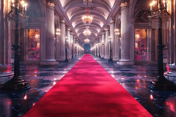 Fototapeta premium A Grand Entrance: A Red Carpet Beckons Amidst Opulent Grandeur