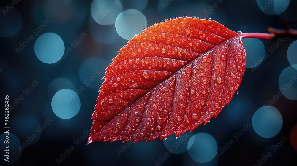 Poster glossy red leaf with vibrant texture against dark background with bokeh effects, perfect for nature 