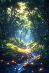 Fototapeta premium Enchanted Creek with Glowing Fireflies - A peaceful forest creek illuminated by sunlight and glowing fireflies, creating a magical and serene atmosphere in the woods.