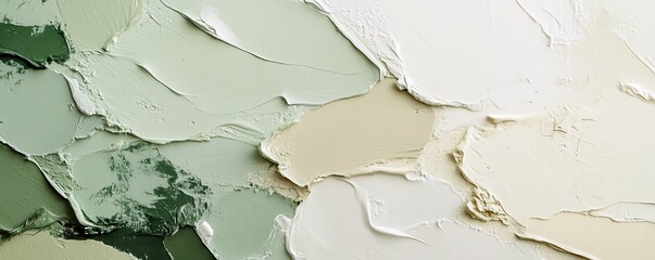 Abstract textured painting in sage green, cream, and white with palette knife strokes conveying calm and elegance