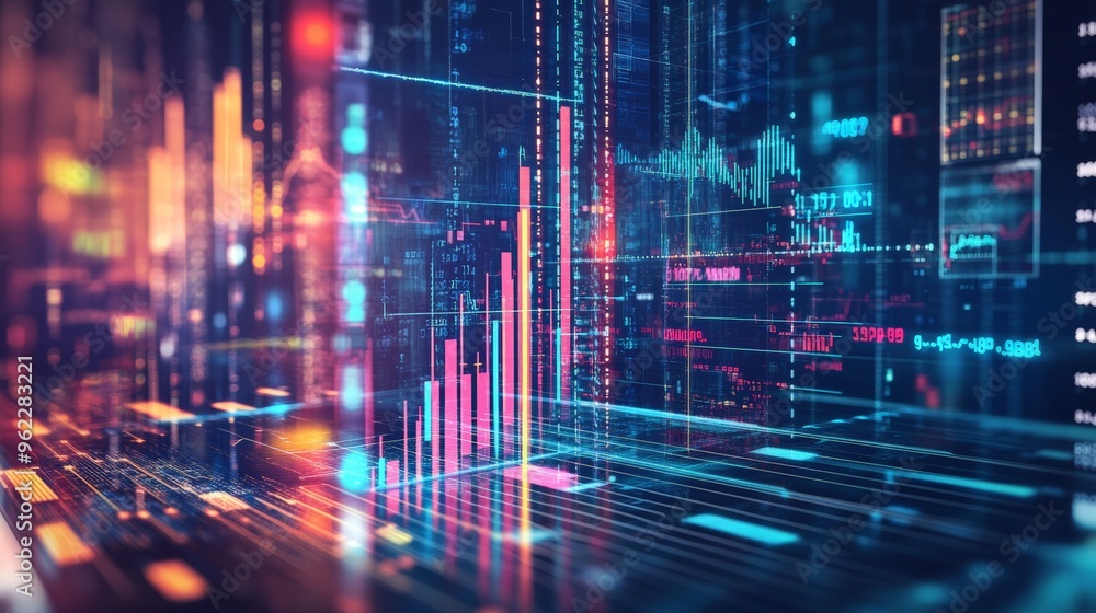 Poster Abstract 3D business data visualization with colorful neon graphs on a dark background. Financial market analysis and futuristic business trends concept.