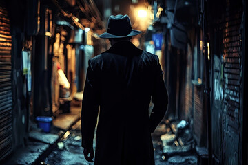 Obraz premium A lone figure, cloaked in shadows, walks through a dark and narrow alleyway. The faint glow of a streetlight illuminates the path ahead, hinting at a mysterious destination.