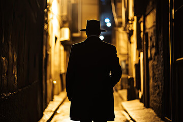 Obraz premium A solitary figure, cloaked in darkness, walks down a narrow alley bathed in the warm glow of streetlights, casting a long shadow on the cobblestone path.