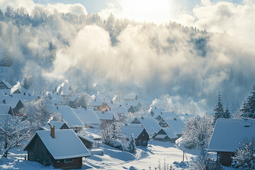 A Winter Wonderland: A quaint village nestled in snow-covered hills with plumes of smoke rising from chimneys, hinting at warmth and cozy living.
