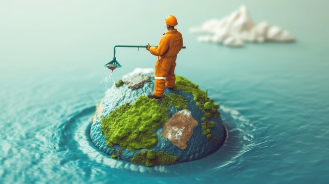 A worker in an orange suit stands on a miniature Earth, using equipment to maintain the planet. This imaginative image conveys the concept of global stewardship, emphasizing the importance of caring