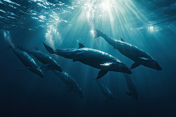 Fototapeta premium A symphony of movement: A pod of whales gracefully glides through the sunlit depths of the ocean, their sleek forms illuminating the blue abyss.