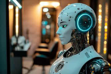 Futuristic humanoid robot with illuminated blue lights and detailed mechanical components in a modern interior setting