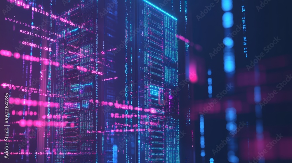 Aufkleber Abstract server room with glowing pink and blue binary code. Digital data processing and cyber security concept.