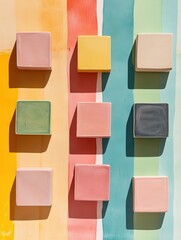 Colorful flat lay arrangement of square tiles on vibrant multicolor background showcasing bold geometric patterns and symmetry