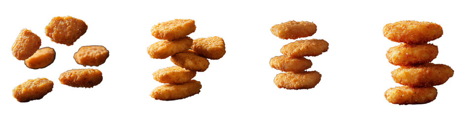 Crispy chicken nuggets arranged in various stacks and positions on a transparent background